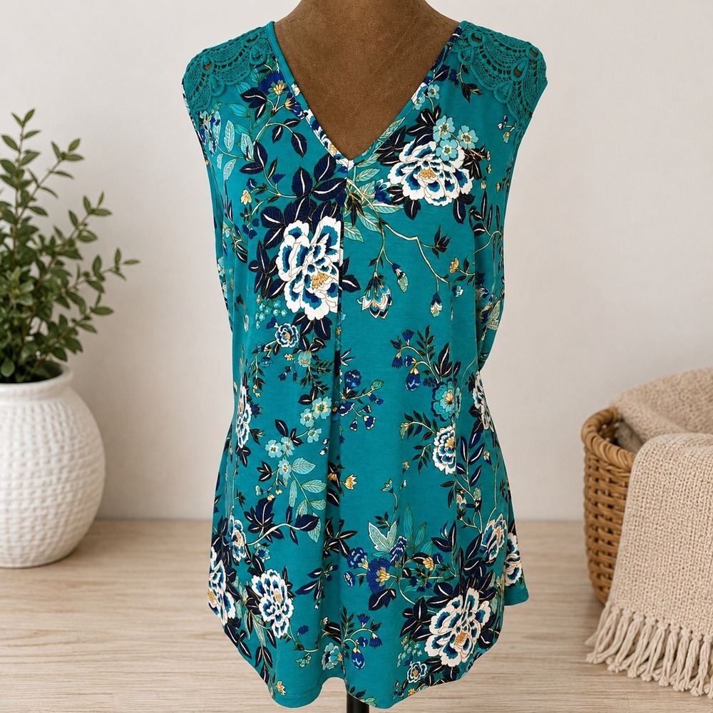 Daniel Rainn Floral Sleeveless Blouse Women 2X Teal Crochet Lace V Neck NWT